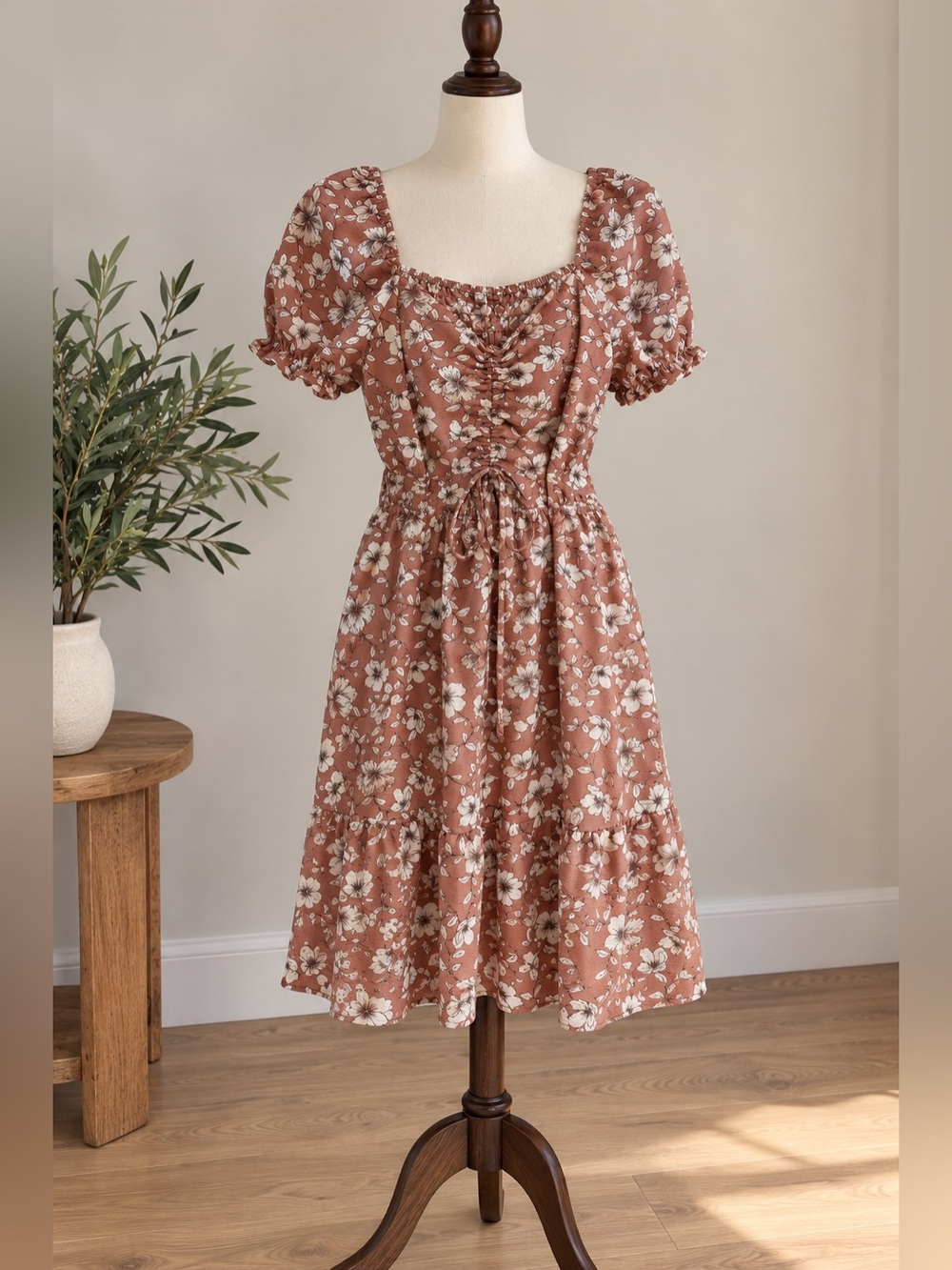 Monteau Los Angeles Dusty Rose Floral Smocked Cottagecore Dress M